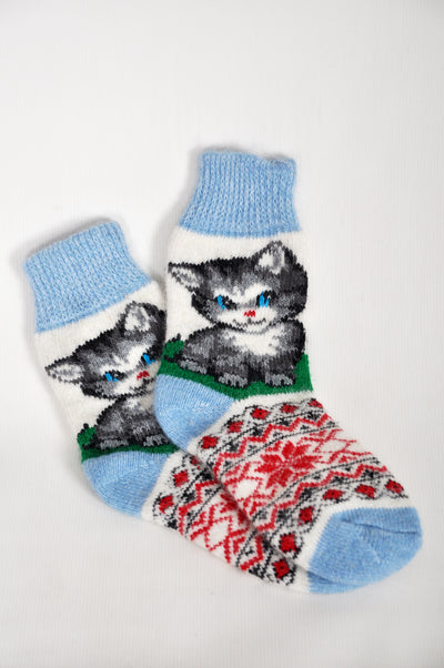 Women’s Wool Socks – Blue Kitten Design | UK 3.5–7