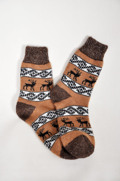 Men’s Wool Socks –  Brown Reindeer Pattern | UK 6.5–10.5